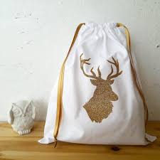 Sac Noel 35x30 Cm Tissu Blanc Tete Cerf Paillete Or Bags Couture Drawstring Backpack