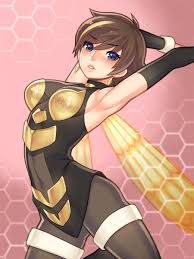 folks (nabokof), wasp (marvel), avengers (series), disk wars: avengers,  marvel, bad id, bad pixiv id, highres, 1girl, armpits, arms up, bee  costume, blue eyes, blush, bodysuit, breasts, brown hair, covered navel,  earrings,
