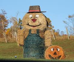 Giant Scarecrow Made From Hay Bales Outdoors Autumn Fall Farm Huge Hay Scarecr Halloween Decorations Outdoor Porch Fall Halloween Halloween Outdoor Decorations