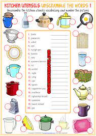 Kitchen utensils names for kids. Kitchen Utensils Esl Unscramble The Words Worksheets