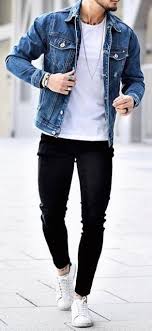 Erkek Sonbahar Modasi 2018 Male Autumn Fashion 2018 Mavi Kot Ceket Slim Fit Beyaz Tisort Bilek Us Erkek Sonbahar Erkek Gunluk Giyim Erkek Moda Tarzlari
