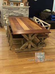 Multi Color Trestle Farm Table Bench And Chair Set With Images Farmhouse Table With Bench Farm Table With Bench Farmhouse Table Plans