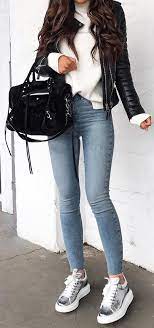 Skinny Jeans Metallic Sneakers Leather Jacket White Sweater Casual Going Out Outfits Cute Winter Outfits Fashion