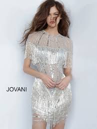 Jovani 11999 Grey Silver Beaded Fringe Cocktail Dress In 2020 Short Cocktail Dress Short Dresses Embellished Shorts
