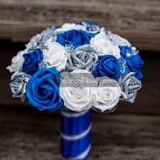 Maybe you would like to learn more about one of these? Royal Blue And Silver Wedding Bouquet With Crystals Glitter Silver Roses Royal Sapphire Horizon Blue Blue Wedding Flowers Blue Wedding Bouquet Wedding Bouquets