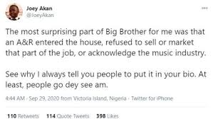Joey Akan Blast Tolanibaj For Failing To Exhibit Her Talent In The Bbnaija House Fails Told You So Music Industry