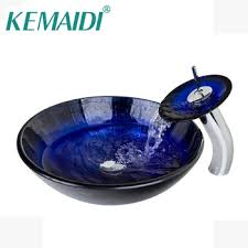 Add to favorites vintage anchor hocking glassware 1970s, vintage blue textured drink glasses 1970s. Kemaidi Dark Blue Bathroom Sink Transparent Tempered Glass Vessel Sink With Waterfall Faucet Wash Basin Set Dv4211 1 Buy At The Price Of 124 61 In Aliexpress Com Imall Com