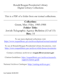 Collection: Green, Max: Files, 1985-1988 Folder Title: Jewish Telegraphic  Agency Bulletins (13 of 15) Box: 14