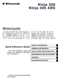 User and service manuals for vehicles of all automobiles. Kawasaki Ninja 300 Abs Owners Manual Australia Gasoline Anti Lock Braking System