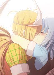 hinagi (fox priest), momiji (binbougami ga!), sakura ichiko, binbougami  ga!, silver hair, highres, 10s, 2girls, blonde hair, blush, cast, closed  eyes, couple, hair over one eye, hug, kiss, long hair, multiple girls,  plaid, plaid shirt, ponytail, school