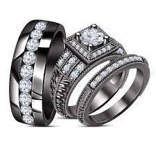 His Her Diamond Engagement Ring Trio Set Black Rhodium Finish Pure 925 Silver Diamondweddingri Wedding Ring Trio Sets Wedding Ring Trio Wedding Ring Designs