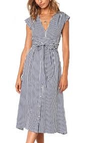 Aromelle Womens Summer Dresses Boho Striped Button V Neck Sleeveless Bow Tie Waist A Line Midi Skate Striped Midi Dress Long Dress Casual Midi Dress Sleeveless