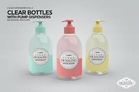 Download Clear Bottles Pump Dispensers Mockup Bottle Clear Container Packaging Mockup PSD Mockup Templates
