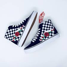 Black And White Checkered High Top Vans Custom Rose Vans Rose Vans Custom Vans Rose Rose Custom Vans Vans With 71 Jod Liked On Polyvore Featuring Shoe Rose Vans Vans Shoes High Tops Vans Shoes