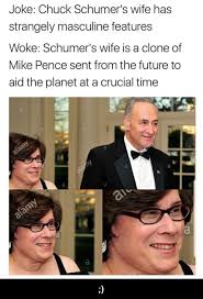 Shes only a few years younger. Joke Chuck Schumer S Wife Has Strangely Masculine Features Woke Schumer S Wife Is A Clone Of Mike Pence Sent From The Future To Aid The Planet At A Crucial Time Ifunny
