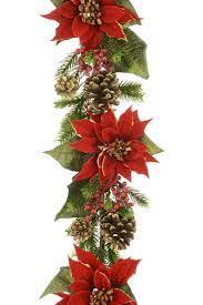 Artificial Poinsettia Garland Red Flowers And Cones Christmas Swag Poinsettia Decor Holiday Decor Christmas Christmas Garland