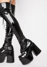 Shop with afterpay on eligible items. Demonia Camel 300 Patent Thigh High Chunky Heel Platform Boots Dolls Kill