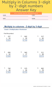 multiply in columns 3 digit by 2 digit numbers for grade 5 with answer key worksheets free
