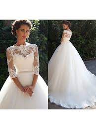 3 4 Sleeve Lace Wedding Dress With Long Train Long Sleeve Ball Gown Wedding Dress Ball Gowns Wedding Modest Wedding Dresses