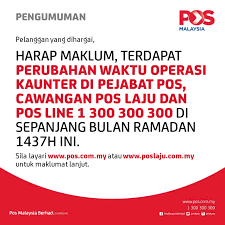 Dibuka setiap hari kecuali sabtu pertama, jumaat dan cuti umum. Pos Malaysia Berhad On Twitter Perubahan Waktu Operasi Kaunter Pejabat Pos Pos Line Cawangan Pos Laju Bulan Ramadan Ini Https T Co Zo1wccnp6a