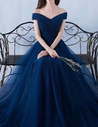 A Line Off Shoulder Floor Length Dark Blue Prom Dress With Pleats Prom Dresses Long Tulle Prom Dress A Line Prom Dresses
