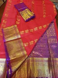 Festive Pure Kanchipuram Silk Saree in a Rare Tomato Red With Purple  Combination. Richly Woven Pallu. Muhurtham Pattu SILK MARK CERTIFIED. - Etsy