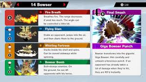 bowser super smash bros ultimate unlock stats moves