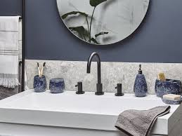 Use bold wallpaper and gold or silver accessories to create a jewel box of a powder room. 6 Piece Bathroom Accessories Set Blue Antuco Beliani Co Uk