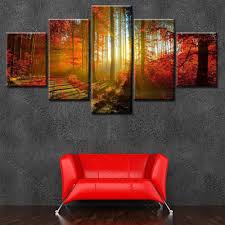 Red Leaves Forest Oversized Canvas Wall Art Forest Wall Art 5 Piece Canvas Art