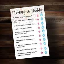 Moms who already have kids have a lot of those baby essentials when a newborn arrives, so what. Mommy Vs Daddy Baby Shower Quiz Etsy Daddy Baby Shower Baby Shower Quiz Baby Shower