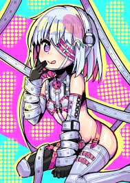 porno (dohna dohna), dohna dohna issho ni warui koto o shiyou, commentary  request, highres, 1girl, :q, bare shoulders, black gloves, blush, bondage  outfit, colored inner hair, crop top, eyepatch, flat chest, gag,