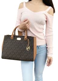 Black And Brown Mk Purse Michael Kors Kellen Medium Satchel Leather Pvc Crossbody Bag Brown Mk Acorn Michaelkors Satchel Leather Satchel Handbags Satchel Handbags Michael Kors