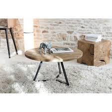 Table ronde en hêtre massif brut, pieds cannelés. Table Basse Bois Ronde Pieds Noirs 75 X 75 Cm
