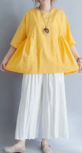 Beautiful Yellow O Neck Linen Cotton Clothes For Women Shirts Half Sleeve Summer Blouses Casual Wear Dress Stylish Dresses For Girls Pakistani Dresses Casual