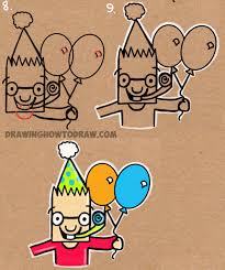 Birthday Celebration Drawing For Kids How To Draw Cartoon Birthday Party Boy Holding Balloons From The Word B Day Easy Step By Step Drawing Tutorial For Kids How To Draw Step By Step Drawing Tut