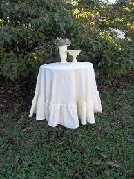 Floor Length Ruffled Linen Tablecloth 90 Inch Ruffled Etsy In 2020 Ruffled Tablecloth Round Linen Tablecloths Handmade Wedding Decorations