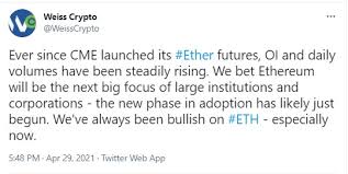 Indeed, bitcoin is bouncing back toward $60,000 as of monday afternoon, having scraped the $50,000 handle as recently as march 25. Ethereum Will Be Next Big Focus Of Large Institutions And Corporations Weiss Crypto