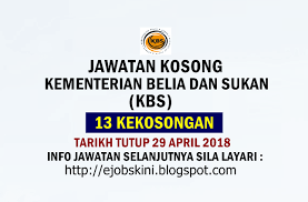 Jawatan kosong kerajaan di kementerian belia dan sukan (kbs) 3 januari 2021 46 kekosongan jawatan job vacancies 2020 at kementerian belia dan sukan (kbs) the ministry of youth and sports was only formed on 15 may 1964 in conjunction with the national youth day celebration of that year. Jawatan Kosong Kementerian Belia Dan Sukan Kbs 29 April 2018
