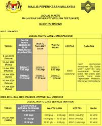 21 april 2015 muet/d1 panduan pendaftaran calon malaysian university english test (muet) sesi november 2015 majlis peperiksaan malaysia untuk jabatan pendidikan negeri/ pejabat pendidikan daerah/ 2 kandungan bil. Jadual Muet 2020