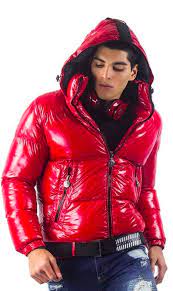 Shiny Red Puffer Jacket With Hood Red Puffer Jacket Leather Jacket Shiny Jacket