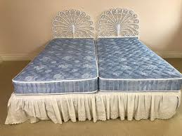 White wicker headboard and metal frame. Pair Of Twin White Wicker Peacock Headboards With Mattress Boxspring And Metal Bed Frames