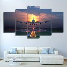 The art of aviation art inspires. Airplane 747 Aviation Landing Sunset Airport Airplane 5 Panel Canvas Art Wall Decor Canvas Storm