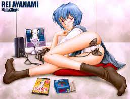 mania street, ayanami rei, neon genesis evangelion, black legwear, bent  over, blue hair, controller, controller masturbation, game controller,  gamepad, gamepad vibrator, lying, on side, panties, pantyshot, playing  games, playstation 2, red eyes,