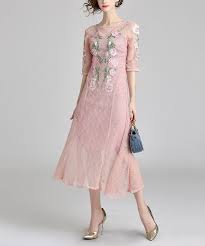 Kaimilan Pink Embroidered Floral Lace Midi Dress