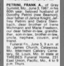 Petrini Frank A Petrini Obituary Death Records Funeral Cards Death Certificate