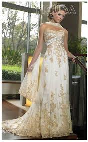 Beautiful White Gown Embroidered And Embellished With Golden Zari And Zardosi Work Antique W Gold Bridal Gowns Gold Wedding Dress Strapless Lace Wedding Dress