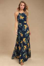 Adventure Seeker Navy Blue And Yellow Floral Print Maxi Dress Floral Print Dress Outfit Printed Maxi Dress Printed Dress Outfit