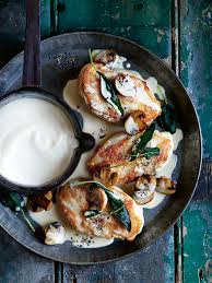 Recipe courtesy of wolfgang puck. Roast Chicken With Marsala Sage Mushroom And Creamy Semolina Donna Hay