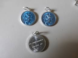 Set of 12 Vintage Saint Christopher Medals in Aluminum + Blue Enamel, Made  in France, English Text