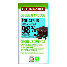 Tablette Chocolat Noir 98 Equateur Madagascar 100g Ethiquable